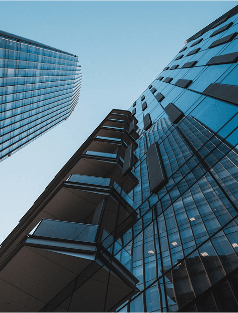 Modern glass building from below