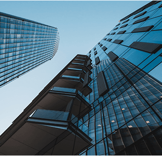 Modern glass building from below